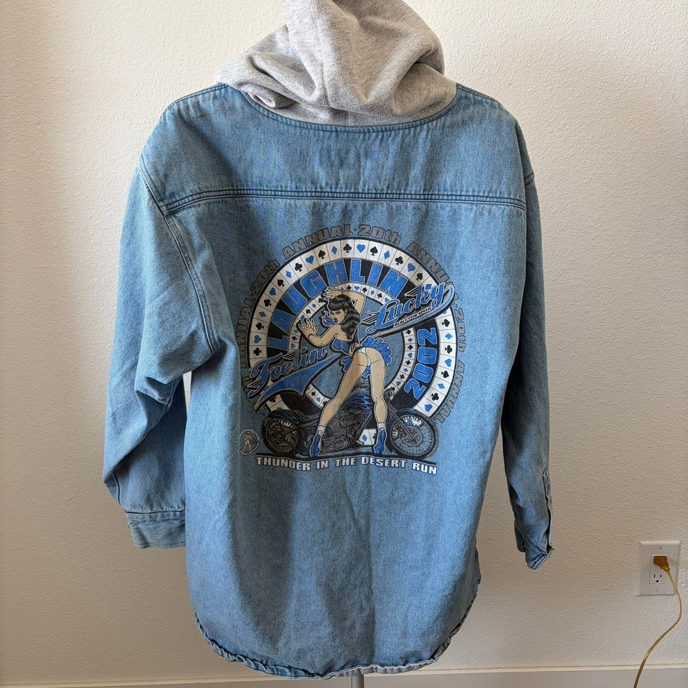 Vintage Denim Hoodie Jacket Men 2XL Blue Laughlin Motorcycle Rally Biker Graphic